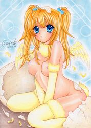 blonde_hair blue_eyes blush breasts egg female highres huge_eyes large_breasts long_hair mocomoco_party nipples original pointy_chin solo tail tied_hair twintails wings