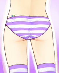 ass close-up drugs from_behind futaba_channel jingai_modoki nijiura_maids ningai_modoki panties pill pills purple_striped_panties simple_background solo striped striped_legwear striped_panties striped_thighhighs thighhighs thighs trefoil underwear yakui