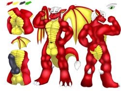 1boy anthro anus ass balls biceps black_penis bluepawpanda bodybuilder dragon erection fangs flexing green_eyes hair horns knot looking_at_viewer male male_only model_sheet muscles nude pecs penis presenting red reptile scalie seyesr_rotsen solo white_background white_hair white_horn wings yellow