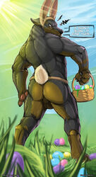 animal_ears anthro ass bad_dragon balls basket canine dialogue doberman easter fur furry lagomorph male male_only nude rabbit rabbit_ear razor solo