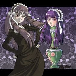 black_dress bow breasts gammatelier gothic_lolita hitori human_furniture inanimate ladypot looking_at_viewer objectification pubic_hair purple_hair pussy red_eyes transformation vase what