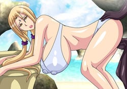 1boy 1girls areolae beach bikini blonde_hair breasts brown_eyes censored doggy_style erect_nipples female hanging_breasts huge_breasts human large_areolae long_hair male milf milk_cow_factory naruto nipples open_mouth outdoors penis sea seaside sex shiny straight swimsuit tied_hair tsunade twintails veins veiny_penis