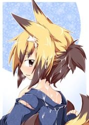 blonde_hair breath brown_eyes brown_hair cum cum_on_body cum_on_clothes cum_on_hair cum_on_upper_body fox_ear fox_tail japanese_clothes looking_back multicolored_hair original reku sanbi_(reku) short_hair solo tail