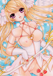 angel blonde_hair blush breasts highres large_breasts mocomoco_party original purple_eyes pussy smile staff uncensored wings