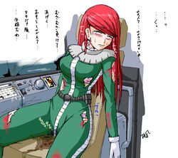 bruise buttons closed_eyes clothing cockpit crash cuts gundam gundam_climax_uc homare_(suzu_no_oka) hurt nana_tachibana normal_suit peeing peeing_self pilot pilot_suit red_hair scratches tear translation_request zeon