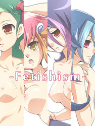 4girls anna_kozuki blue_hair breasts droite_(yu-gi-oh!_zexal) female female_only green_hair kamishiro_rio kotori_mizuki looking_at_viewer mugitya multiple_girls nipples open_mouth orange_hair pink_hair purple_hair rio_kamishiro tori_meadows yu-gi-oh! yu-gi-oh!_zexal