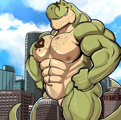 abs absurd_res anthro body_hair building chest_hair city convenient_censorship darknaigart dinosaur facial_hair green_body hi_res jace_(darknaig) macro male male_only muscular muscular_anthro muscular_male nipples nude pecs reptile scalie sky solo tattoo theropod tyrannosaurid tyrannosaurus tyrannosaurus_rex