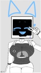 blue_eyes breast_expansion breasts_out core just_shapes_and_beats lactating lactation large_ass large_breasts metallic_body peace_sign smiling