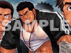 4boys abs arm_hair bara beard black_hair black_jacket blush clothes_lift coach covered_nipples dark-skinned_male dark_skin facial_hair grin hairy jacket large_pectorals male_focus mature_male midriff_peek multiple_boys muscular muscular_male navel navel_hair nipples no_visible_genitalia novel_illustration official_art open_clothes open_jacket original out-of-frame_censoring pectorals sample_watermark second-party_source see-through shirai_mizuto shirt shirt_lift short_hair sideburns sleeves_rolled_up smile spiked_hair stomach teacher teacher_and_student terujirou_(masateruteru) thick_eyebrows track_jacket veiny_face wet wet_clothes wet_shirt whistle whistle_around_neck yaoi zipper