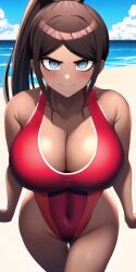 ai_generated asahina_aoi beach blue_eyes blush brown_hair cleavage danganronpa danganronpa:_trigger_happy_havoc dark-skinned_female dark_skin huge_breasts large_breasts looking_at_viewer n.c.b_ai nai_diffusion one-piece_swimsuit ponytail red_swimsuit smile smirk solo solo_focus stable_diffusion swimsuit tight_clothing walking