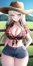 ai_generated akamatsu_kaede big_breasts blonde_hair blush breasts bursting_breasts cowboy_hat cowgirl danganronpa danganronpa_v3 denim_shorts farm farmgirl hands_behind_back large_breasts looking_at_viewer midriff n.c.b_ai nai_diffusion plaid_shirt purple_eyes short_shorts shorts stable_diffusion thick thick_thighs tied_shirt