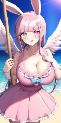 ai_generated angel_wings beach cleavage danganronpa danganronpa_2:_goodbye_despair dress hair_ribbon hand_on_breast huge_breasts human_monomi large_breasts looking_at_viewer magical_girl monomi_(danganronpa) n.c.b_ai nai_diffusion pink_eyes pink_hair rabbit_ears smile stable_diffusion staff transformed