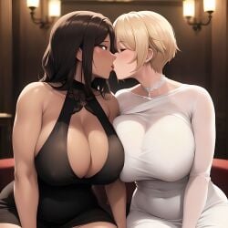 2girls ai_generated bare_shoulders big_breasts black_dress black_sclera blonde_hair breasts cleavage closed_eyes cute dark-skinned_female dark_hair dark_skin dress female female_focus female_human female_only huge_breasts human interracial kissing lesbian_couple lesbian_kiss looking_at_another luxury romantic romantic_ambiance romantic_couple sitting white_dress white_eyes wholesome wide_hips yuri