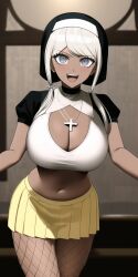 ai_generated blue_eyes church cleavage cross_necklace danganronpa danganronpa_v3 dark-skinned_female dark_skin happy huge_breasts large_breasts leaning_forward midriff n.c.b_ai nai_diffusion nun open_mouth silver_hair skirt stable_diffusion stockings twintails white_hair yonaga_angie