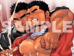 2boys arm_hair bara bare_pectorals beard black_hair blush clothes_lift coach cover cover_page cum dark-skinned_male dark_skin facial_hair forked_eyebrows grin handjob jacket large_pectorals male_focus mature_male multiple_boys muscular muscular_male nipple_tweak nipples no_visible_genitalia novel_illustration official_art open_clothes open_jacket original out-of-frame_censoring pectorals projectile_cum red_jacket sample_watermark second-party_source shirai_mizuto shirt_lift short_hair smile spiked_hair teacher terujirou_(masateruteru) thick_eyebrows track_jacket upper_body veins veiny_arms whistle whistle_around_neck yaoi