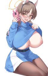 1girls absurd_res animal_ear_hairband areolae blue_archive blush breasts brown_hair female female_only glasses hairband halo holding_object huge_breasts kuavera large_areolae light-skinned_female light_skin long_hair looking_at_viewer moe_(blue_archive) naughty_face nipples pantyhose phone rabbit_squad_(blue_archive) selfie short_skirt skirt smile solo srt_special_academy_student tights top_lift