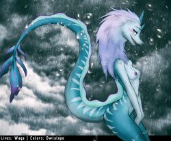 2_horns 2d anthro anthrofied aquatic_dragon blue_body blue_fur breasts claws cloud disney dragon eastern_dragon eyebrows feet female fur hi_res horn looking_at_viewer marine nipples nude owlalope pose raining raya_and_the_last_dragon scalie scalie_female scalie_only sisu_(ratld) solo storm tail w4g4 water