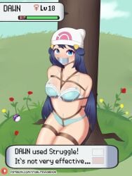 bondage bra dawn_(pokemon) gag hat panties pokemon rope_bondage starlitewarrior tape_gag underwear