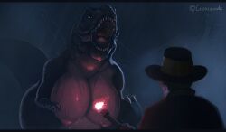 2023 absurd_res anthro big_breasts breasts chubby_anthro chubby_female clothed clothing curvy_figure digital_drawing_(artwork) digital_media_(artwork) dinosaur duo exposed exposed_breasts fangs female fingers flare_(object) fog genitals glowing headgear headwear hi_res huge_breasts human imminent_sex jurassic_park larger_female male male/female mammal movie_reference movie_screen nipples nude open_mouth pupils raining reptile rexy_(jurassic_park) roaring scales scalie sharp_teeth size_difference slightly_chubby solo standing teeth theropod thick_thighs thunderstorm tongue tucolewds tyrannosaurid tyrannosaurus tyrannosaurus_rex universal_studios voluptuous wet wet_body wide_hips yellow_eyes yellow_sclera