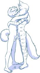 absurd_res anthro aogami blush canid canine canis closed_eyes domestic_dog duo embrace felid genitals hi_res humanoid_genitalia humanoid_penis kissing male male/male mammal pantherine penis rex_(mikolai) ryan_(mikolai) tiger