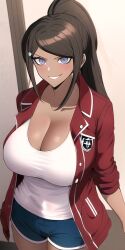 ai_generated asahina_aoi blue_eyes brown_hair bust-waist_contrast cleavage danganronpa danganronpa:_trigger_happy_havoc dark-skinned_female dark_skin flat_belly hourglass_figure huge_breasts indoors large_breasts looking_at_viewer n.c.b_ai nai_diffusion ponytail red_jacket shorts slim_waist smile smirk stable_diffusion tank_top thin_waist tight_clothing white_tank_top