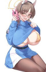 1girls absurd_res animal_ear_hairband bikini_top blue_archive blush breasts brown_hair female female_only glasses hairband halo holding_object huge_breasts kuavera light-skinned_female light_skin long_hair looking_at_viewer moe_(blue_archive) naughty_face pantyhose phone rabbit_squad_(blue_archive) selfie short_skirt skirt smile solo srt_special_academy_student tights top_lift