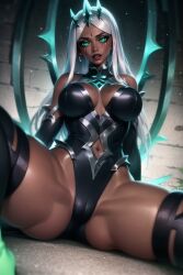 ai_generated breasts dark-skinned_female dark_skin glowing glowing_eyes green_eyes karma_(league_of_legends) league_of_legends looking_at_viewer makeup medium_breasts ruined_karma ruined_king_symbol runny_makeup stable_diffusion thanatosai the_ruined_king_saga white_hair