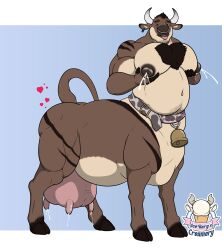 1boy 1ceberg absurd_res anthro anthro_only belly belt big_nipples big_pecs bodily_fluids bovid bovid_taur bovine cattle chest_tuft cowbell cuntboy ear_tag facial_piercing heart hi_res intersex lactating male male_lactation male_only mammal mammal_taur milk musclegut muscular muscular_male nipples nose_piercing nose_ring nude overweight pec_grab pecs piercing projectile_lactation raised_tail ring_piercing solo standing tail taur teats tuft udders