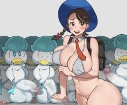 alternate_breast_size big_breasts bikini bobtheneet bottomless huge_breasts imminent_sex juliana_(pokemon) nervous pokemon pokemon_(species) pokemon_sv pokephilia quaxly small_but_hung