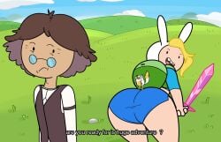 adventure_time ass backpack bag big_ass big_butt blonde_female blonde_hair cake_the_cat cartoon_network clothing feline female fionna_and_cake fionna_the_human_girl gasp glasses grass grass_field hbo_max headwear human male mr_valentine00 open_mouth pale_skin pink_sword shorts simon_petrikov smile sword text thick_ass thick_hips thick_legs weapon