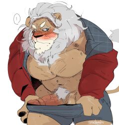 anthro balls bara barazoku big_penis blush boner clay_calloway_(sing) erection erection_under_clothes felid feline furry hyaku_(artist) lion male male_only mane muscles muscular penis sing_(movie) sing_2_(movie) solo solo_male undressing white_hair