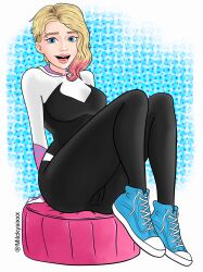 1girls arms_behind_back big_ass big_breasts blonde_hair blue_eyes bodysuit breasts bulge busty cameltoe cleavage clothed clothed_female clothing commentary converse converse_shoes dressed dyed_hair eyebrow_piercing eyes female female_only fully_clothed gwen_stacy gwen_stacy_(spider-verse) hair hips knees_up large_breasts light-skinned_female light_skin looking_at_viewer marvel marvel_comics milckysixxx open_eyes open_mouth piercing pillow pose shoes sidecut sitting sneakers solo spider-gwen spider-man:_across_the_spider-verse spider-man_(series) superheroine teenager two_tone_hair young