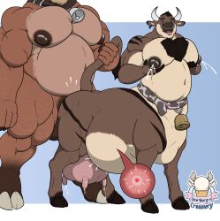 1ceberg 2boys absurd_res anthro balls belly belt big_nipples big_pecs bodily_fluids bovid bovid_taur bovine cattle chest_tuft cowbell cuntboy duo ear_tag facial_piercing hi_res holding_tail intersex lactating larger_male male male/male male_lactation mammal mammal_taur milk musclegut muscular muscular_male nipples nose_piercing nose_ring nude overweight pec_grab pecs piercing projectile_lactation raised_tail ring_piercing size_difference standing tail taur teats tom_(1ceberg) tuft udders vaginal_penetration