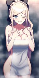 ai_generated big_breasts blonde_hair blue_eyes cleavage covering crown_braid danganronpa danganronpa_2:_goodbye_despair grabbing_own_breast hair_ribbon large_breasts looking_at_viewer n.c.b_ai nai_diffusion shower shower_room smile sonia_nevermind stable_diffusion towel towel_only wink