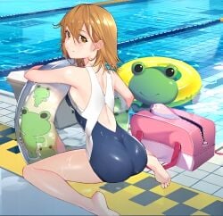 10s 1girls 2017 ass back bare_legs bare_shoulders barefoot blush breasts brown_eyes brown_hair clothed competition_swimsuit dat_ass female full_body gekota hi_res kneeling light_blush looking_at_viewer looking_back matching_hair/eyes misaka_mikoto official_art one-piece_swimsuit pool school_swimsuit short_hair sideboob skin_tight small_breasts smile solo sunlight swimsuit teenage_girl teenager thighs to_aru_kagaku_no_railgun to_aru_majutsu_no_index toes tokiwadai_school_swimsuit water_drop wet young