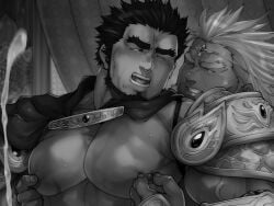 2boys armor bara bare_pectorals cape cum curtains ejaculating_while_penetrated ejaculation greyscale implied_anal implied_sex king knight large_pectorals male_focus mature_male monochrome multiple_boys muscular muscular_male nipple_tweak nipples no_visible_genitalia novel_illustration official_art one_eye_closed original pauldrons pectorals projectile_cum second-party_source shirai_mizuto short_hair shoulder_armor sideburns smile terujirou_(masateruteru) torogao upper_body veins veiny_arms yaoi