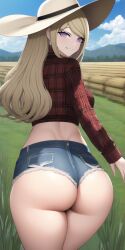 ai_generated akamatsu_kaede ass blonde_hair cowboy_hat danganronpa danganronpa_v3 denim_shorts farmgirl huge_ass large_ass looking_at_viewer looking_back midriff n.c.b_ai nai_diffusion plaid_shirt purple_eyes short_shorts shorts sideboob smile smirk stable_diffusion thick_thighs tight_clothing