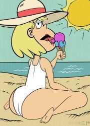 1girls accurate_art_style ass barefoot beach big_ass eating eating_ice_cream feet female female_only food half-closed_eyes hat hips ice_cream looking_at_viewer looking_back milf mother one-piece_swimsuit open_mouth rita_loud solo stiky_finkaz sun swimsuit swimwear the_loud_house thick_thighs thighs tongue tongue_out wide_hips