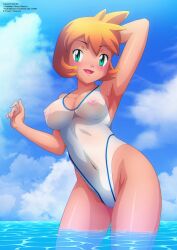 alluring bangs bikini blush breasts covered_navel creatures_(company) eyelashes female game_freak gen_2_pokemon green_eyes gym_leader highres holding huge_breasts human kasumi_(pokemon) large_breasts legs misty_(pokemon_hgss) navel nintendo nipples open_mouth pale_skin pokemon pokemon_(game) pokemon_gsc pokemon_hgss see-through_swimsuit shiny shiny_hair short_hair smile solo swimsuit swimwear thighs water wet white_bikini zel-sama