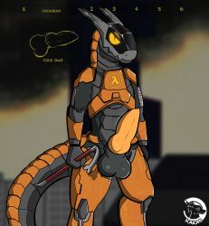 1boy 2d animal_genitalia anthro armor balls big_tail breastplate city crowbar erect_penis erection gameplay_mechanics genitals glowing glowing_eyes half-life half-life_(series) hev_suit hi_res kaiori knot lambda machine male male/male male_only orange_body penis reflection reflective robot screen screen_face simple_background solo synth_(vader-san) synthetic tail tools visor