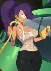 1girls barleyshake big_breasts breasts car_wash car_washing cleavage covered_nipples futurama hose large_breasts nipples_visible_through_clothing one_eye ponytail purple_hair see-through solo sponge turanga_leela water water_hose wet wet_clothes