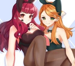 >:) 2girls alternate_costume animal_ears bare_legs bare_shoulders breasts bunny_ears bunny_girl bunnysuit cleavage closed_mouth edamameoka etie_(fire_emblem) facial_mark facial_tattoo female female_only fire_emblem fire_emblem_engage green_eyes hair_ornament highres large_breasts legs long_hair looking_at_viewer multiple_girls nintendo open_mouth orange_eyes orange_hair pantyhose playboy_bunny rabbit_ears red_eyes red_hair shoulders simple_background sitting small_breasts smug star_(symbol) star_hair_ornament tattoo vibrator yunaka_(fire_emblem) yuri