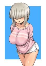 arms_behind_back ayuayu_(shouyu_no_sato) blue_background blush breasts casual closed_mouth collarbone commentary cowboy_shot dolphin_shorts double_horizontal_stripe female grey_hair hair_over_eyes large_breasts leaning_forward long_bangs long_sleeves no_eyes outside_border pink_shirt shirt short_hair short_shorts shorts sidelocks simple_background smile solo standing thighs uzaki-chan_wa_asobitai! uzaki_yanagi white_shorts