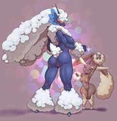 absurd_res ankle_fluff anthro ass big_breasts big_ears blaziken blue_body blush breasts brown_body brown_fur censor_bar censored duo female fur generation_3_pokemon generation_4_pokemon genitals hair hair_over_eyes hi_res hitmanatee ineffective_censorship lagomorph long_ears lopunny mammal nintendo nude open_mouth pokemon pokemon_(species) pussy rear_view scissors size_difference white_hair wide_hips