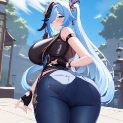 1girls ai_generated arched_back ass ass_focus bad_anatomy bare_shoulders big_ass big_breasts big_butt black_gloves blue_eyes blue_hair blue_jeans blush boobs_and_butt_pose curvy denim denim_bottomwear denim_clothing denim_jeans dumptruck_ass from_behind from_below genshin_impact hair_ornament jeans levanta_cola_jeans light-skinned_female long_hair looking_at_viewer looking_back mature_female outdoors pockets presenting rear_view seductive shenhe_(genshin_impact) showing_ass showing_off showing_off_ass solo standing taut_shirt