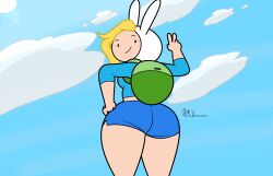 adventure_time ass backpack bag cartoon_network clothed clothing female fionna_the_human_girl hbo_max headwear human mr_valentine00 pale_skin peace_sign rear_view shorts simon_(adventure_time) sky thick_ass thick_legs thick_thighs yellow_hair