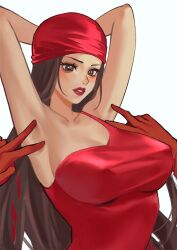 1girls armpits arms_behind_head big_breasts breasts brown_eyes brown_hair busty cleavage double_v elektra_natchios female female_only large_breasts lipstick long_hair makeup marvel parted_lips pose posing red_lips sexy_armpits smile v