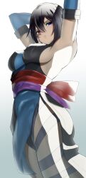 1girls armpits arms_behind_head big_breasts black_hair blue_eyes breasts busty female female_only heterochromia highres japanese_clothes large_breasts legs looking_at_viewer pose posing red_eyes samurai_shodown sensual sexy_armpits shiki_(samurai_shodown) short_hair sideboob snk solo tattoo thick_thighs thighs voluptuous