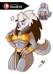 armor belt black_hair blue_eyes cuffs doc.b female female_only furry grey_body grey_eyebrows grey_fur grey_hair mane oerba_yun_fang patreon_logo rule_63 simple_background snout tail watermark white_fingernails wolf_ears wolf_tail