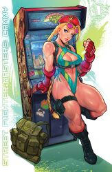 1girls arcade arcade_cabinet backpack bag beret big_breasts blonde_hair blue_eyes breasts busty cammy_white capcom cleavage clothing_cutout female female_only fingerless_gloves fully_clothed gloves hat hi_res large_breasts long_hair looking_at_viewer navel navel_cutout one-piece_swimsuit parted_lips pink_lips reiq seductive_smile smile solo street_fighter sunglasses_on_head swimsuit thick_thighs thighs toned voluptuous